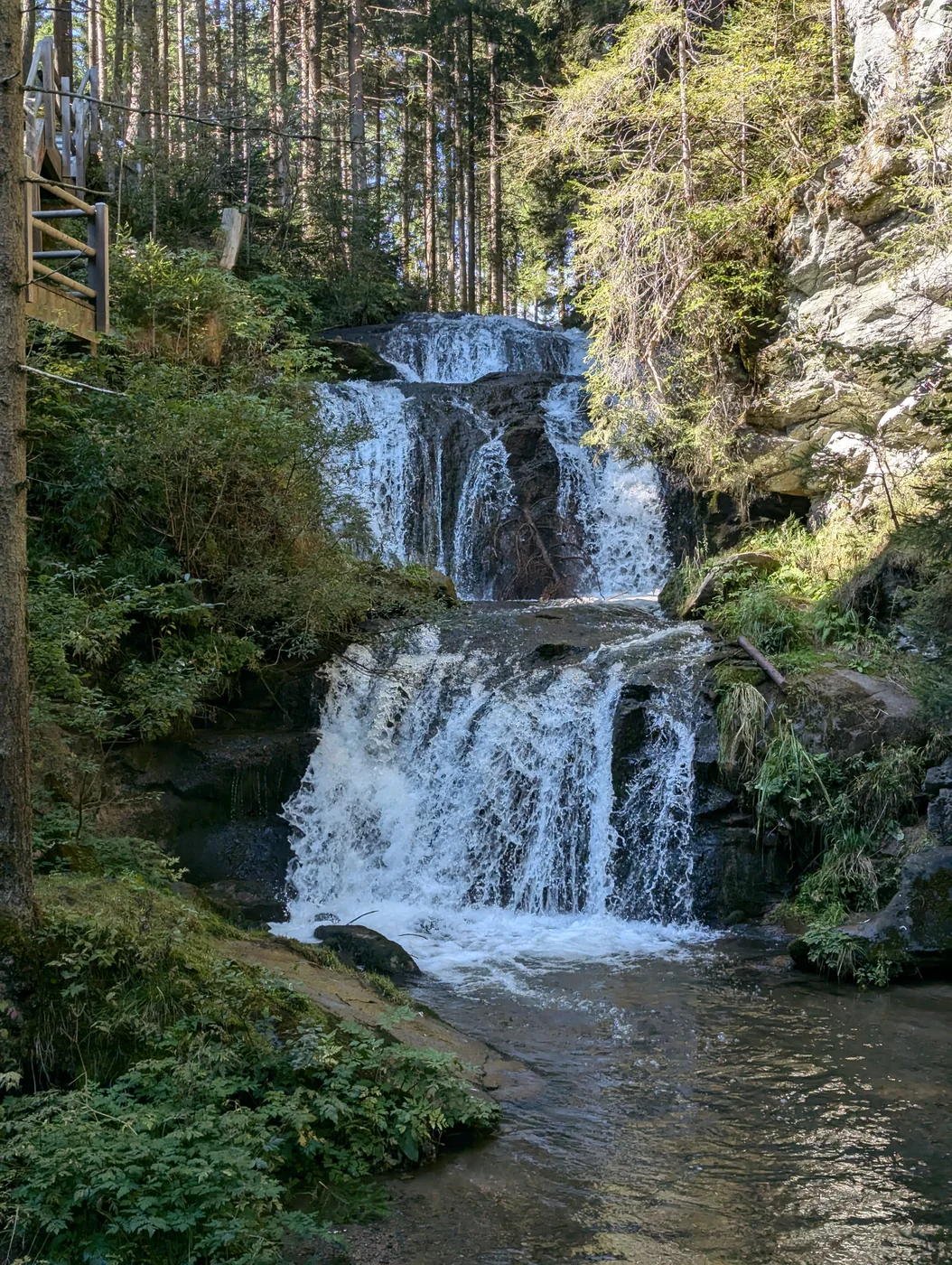 Ein Wasserfall fließt über mehrere Felsstufen durch den Wald